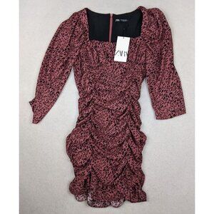 ZARA - WOMEN'S PINK LEOPARD ANIMAL PRINT RUCHED 3/4 SLEEVE DRESS - SIZE S